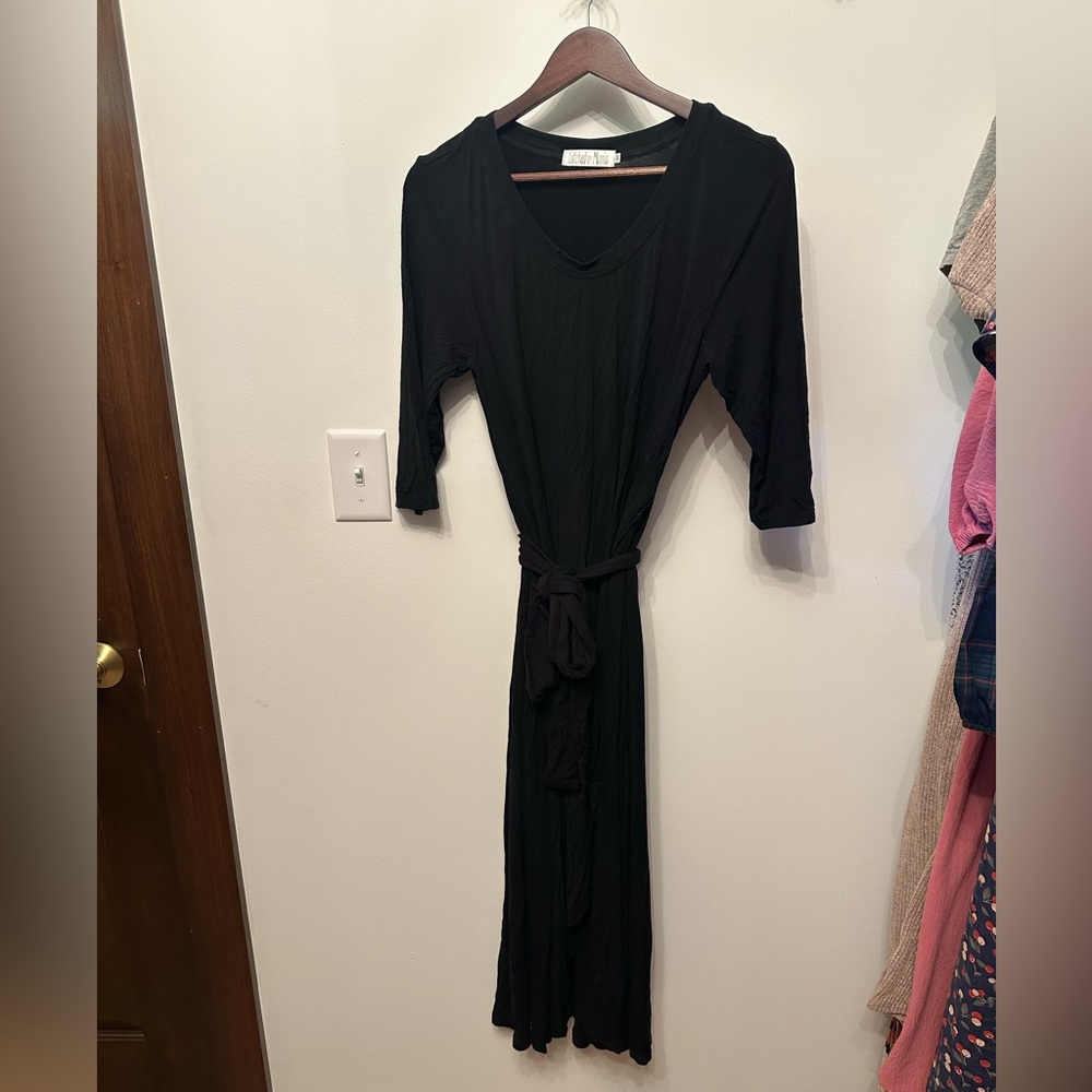 Latched Mama Black Nursing & Maternity Dress – 3/4 Sleeve, Tie Waist (Size M)